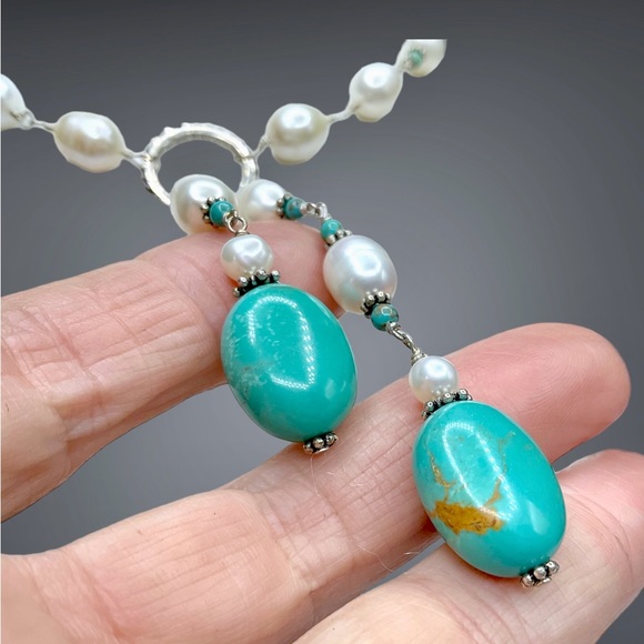 🌺Gorgeous Sterling, Genuine Pearl & Turquoise Necklace - Picture 3 of 14